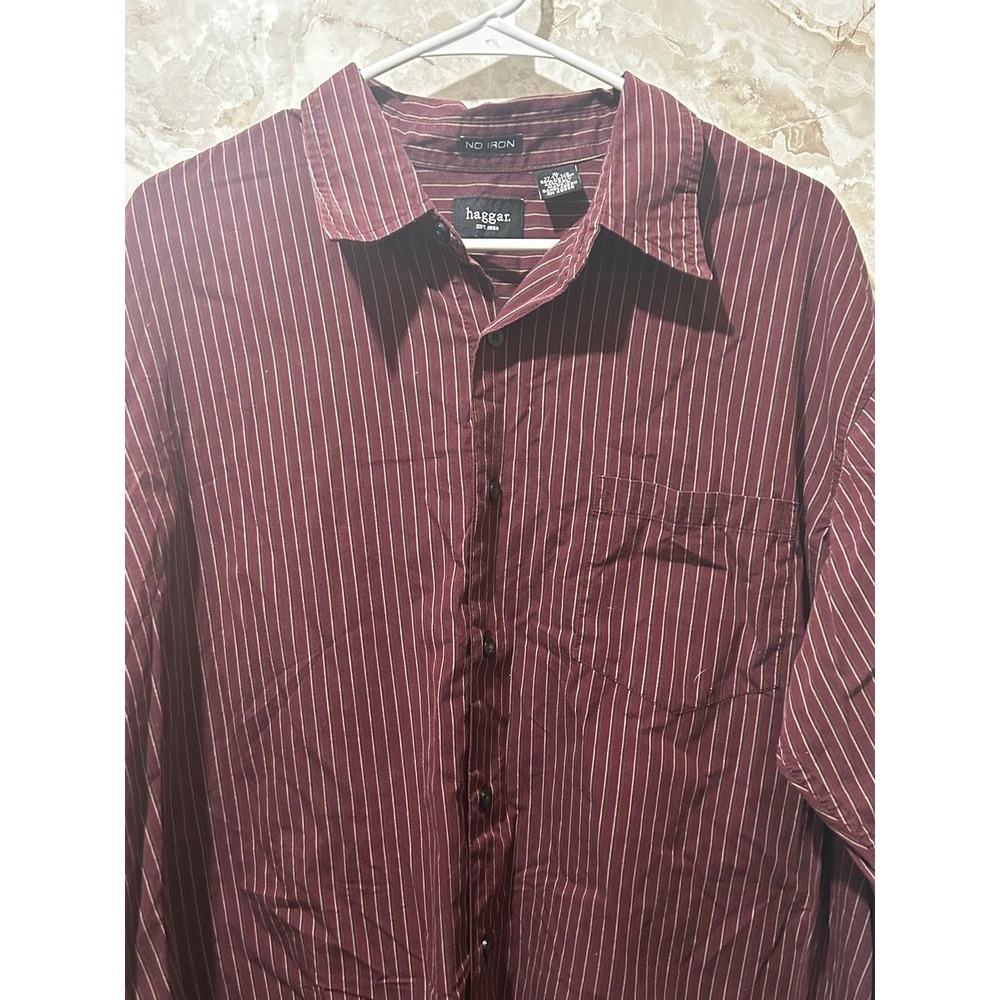 Haggar Mens XL No Iron Button Down Shirt Maroon Burgundy Pinstripe Long Sleeve